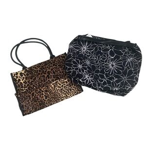 NWT Neiman Marcus pair of Leopard animal print and Floral fabric zippered tote